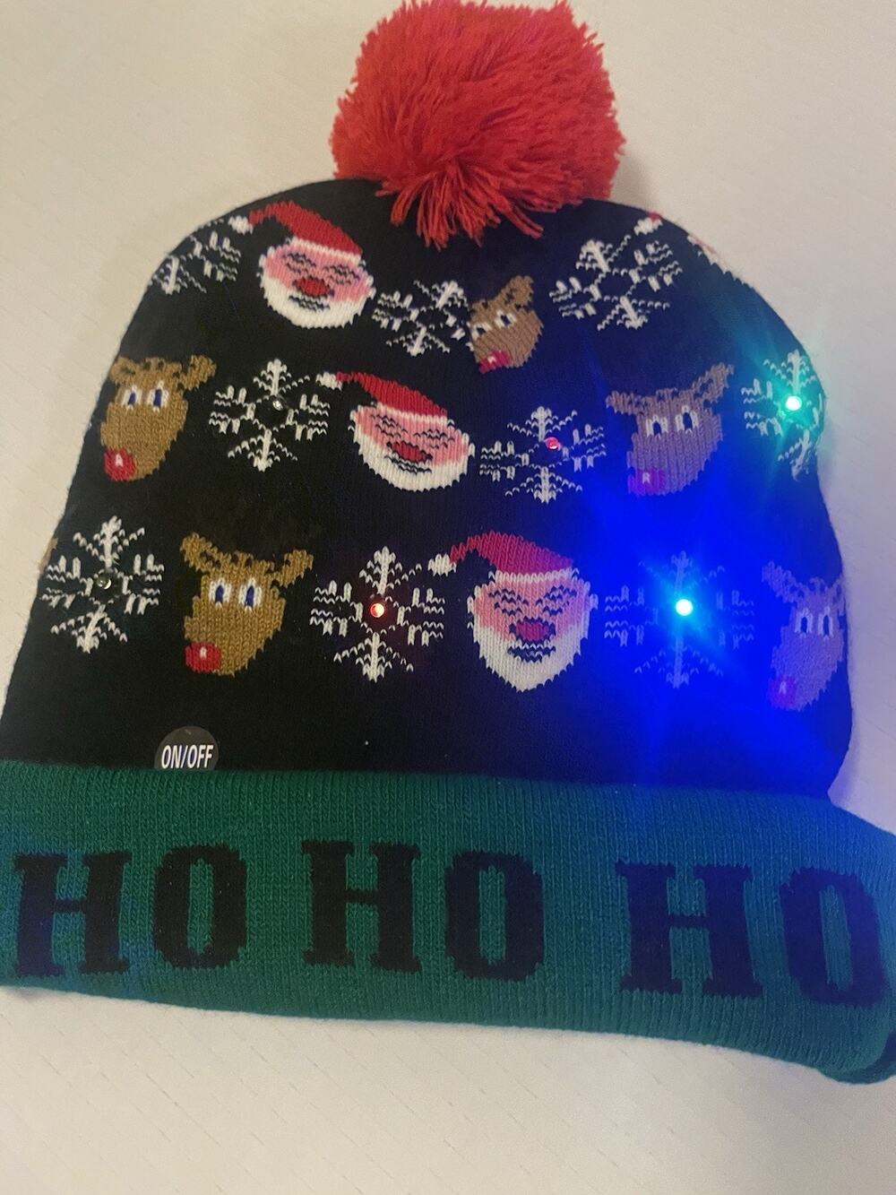 Christmas Beanie Blinking Lights w Button Folded Rim